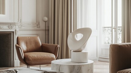 A chic ceramic sculpture on a marble side table in a luxurious living room.