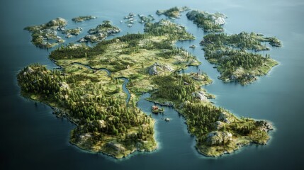 A realistic map, with its counties and natural features like forests and lakes emphasized