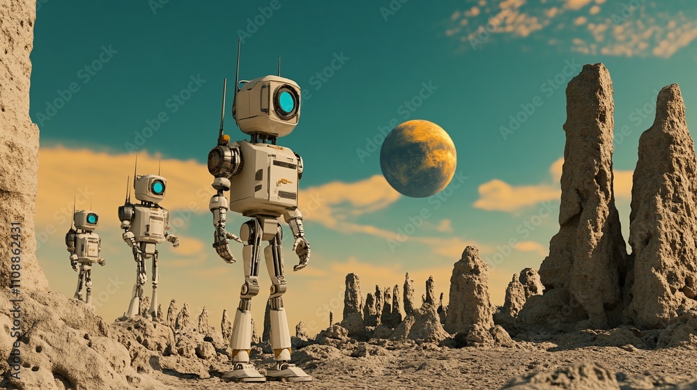 Poster a cinematic sci-fi scene featuring robots exploring a distant planet.
