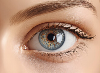 Obraz premium Close-Up of a Beautiful Human Eye with Unique Blue and Orange Iris, Showcasing Detail of Eyelashes, Skin Texture, and Natural Beauty in High Resolution