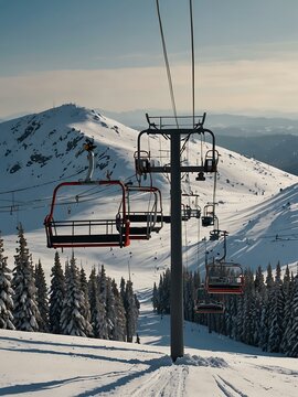 Ski lift at Sheregesh ski resort in winter.