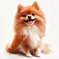 Obraz premium Fluffy Pomeranian sitting on a white background, with its tail curled up and a cheerful expression
