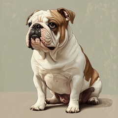 Isolated vintage-style rendering of an English bulldog sitting patiently, with its wrinkled face and droopy expression