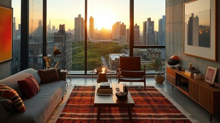 Sunset Cityscape View From Modern Apartment Living Room