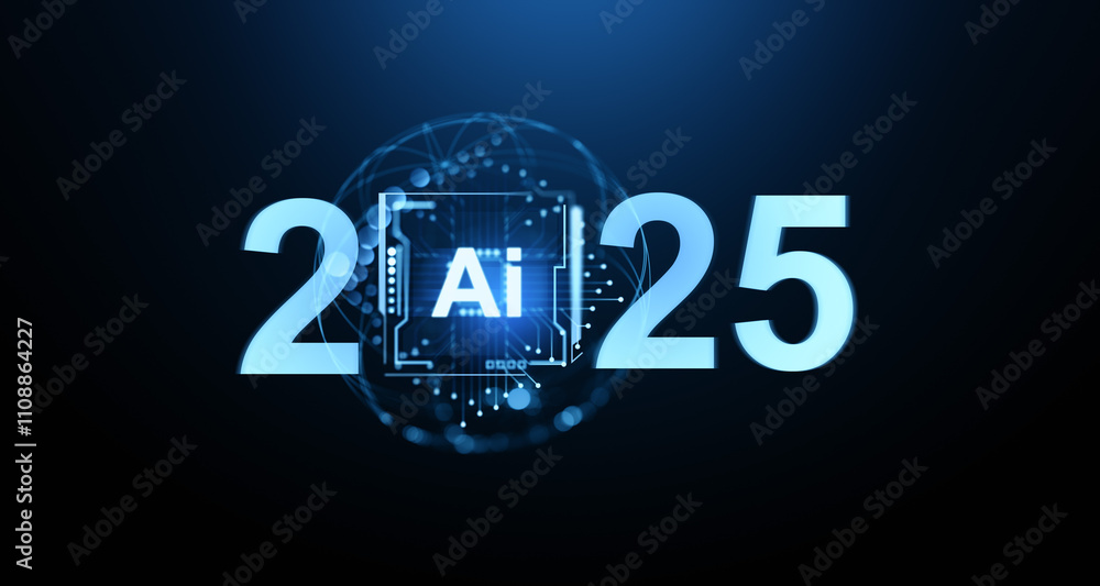 Poster ai technology concept in 2025 with futuristic digital circuit board chip glowing in the middle of nu