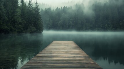 A rustic wooden pier extending into a calm, fog-covered lake surrounded by dense forests