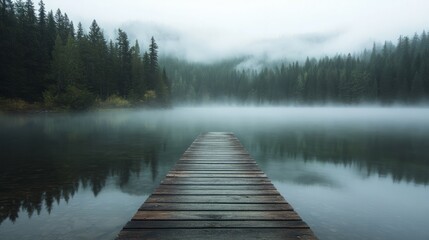 A rustic wooden pier extending into a calm, fog-covered lake surrounded by dense forests