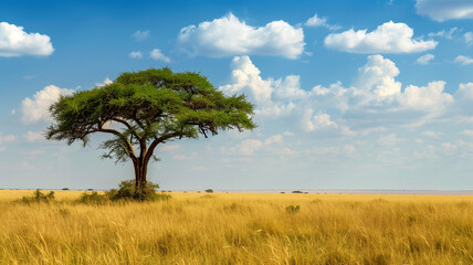 a lonely tree on the prairie of the African shroud on a sunny day against a background of blue sky and yellow grass