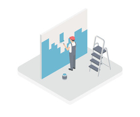 Vector home renovation isometric illustration. Professional worker with painting roller, tray, brush, ladder with bucket of paint and cloth. Painting walls, house construction concept. Isolated.