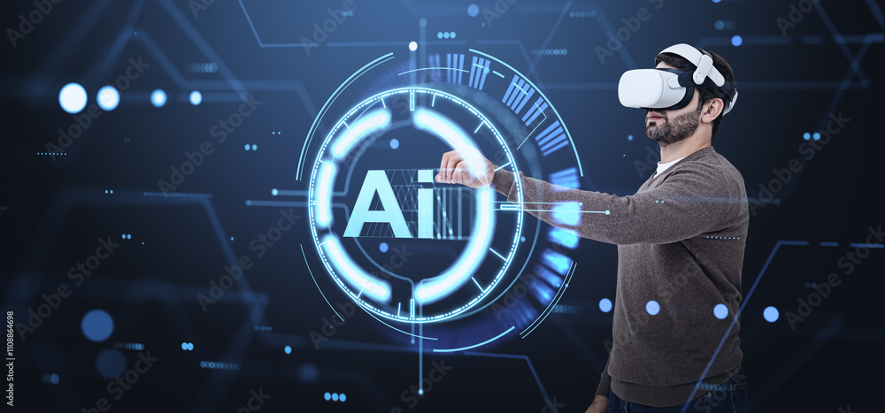Poster man interacting with virtual ai interface using vr headset on a