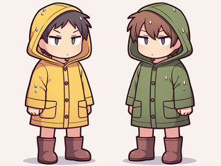 Two Cute Cartoon Kids in Raincoats