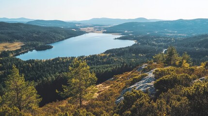 Obraz premium A scenic viewpoint on top of a hill, with a panoramic view of a large lake surrounded by forests