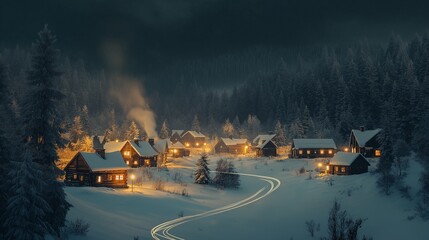Fototapeta premium A festive winter village with charming cottages. Warm glowing windows, smoke from chimneys, soft snow covering roofs.
