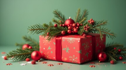 Festive Christmas Gift with Red Ornaments and Greenery