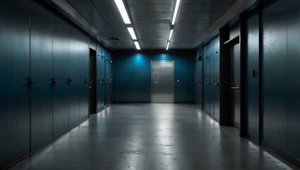 Fototapeta premium Sleek blue corridor with metal walls and doors.