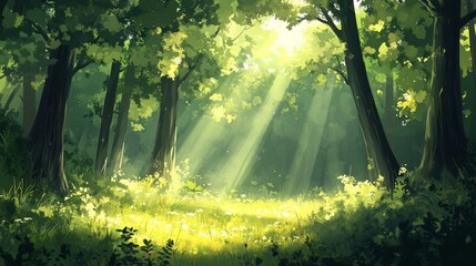 Obraz premium A serene forest background with tall trees and soft sunlight filtering through the leaves, natural and peaceful