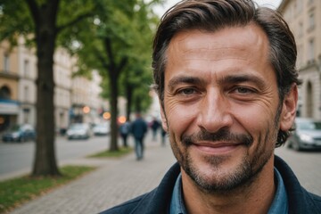 Fototapeta premium Close portrait of a smiling 40s Serbian man looking at the camera, Serbian city outdoors blurred background