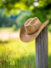 Weathered Cowboy Hat on a Fence Post - Rustic cowboy hat, aged leather, wooden post, summer field, western theme.  Symbolizes: heritage, solitude, adventure, countryside, freedom.