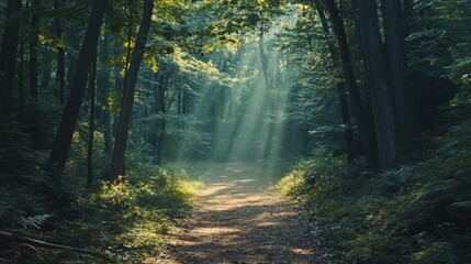 Obraz premium A serene forest background with tall trees and soft sunlight filtering through the leaves, natural and peaceful