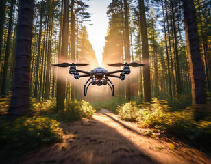 Racing Drone Hovering Over Forest Trail with Sunlight Breaking Through Trees