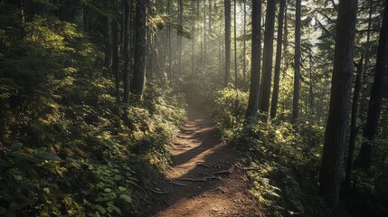 Obraz premium A serene forest background with tall trees and soft sunlight filtering through the leaves, natural and peaceful