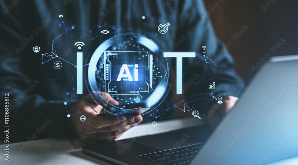 Poster iot and ai concept with glowing holographic elements on a modern tech interface.