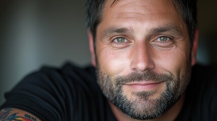 Obraz premium Happy Smiling Man Portrait Closeup Face Tattooed Arm Casual