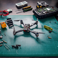 Micro Racing Drone and Tools on Workbench for Assembly and Repairs