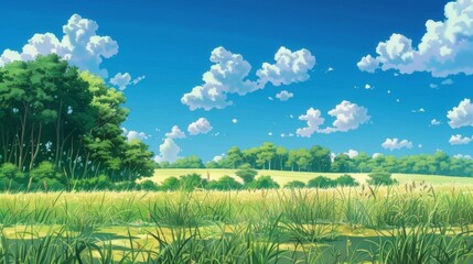 Fototapeta premium A serene meadow with tall grass, wildflowers, and trees under a bright blue sky with fluffy clouds and birds flying