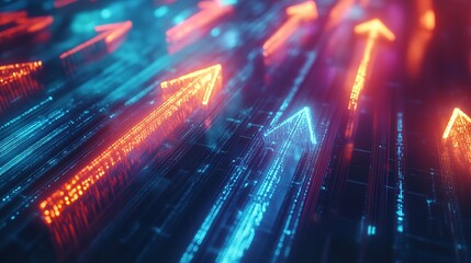 Obraz premium Digital Bunch of Glowing Arrows Up Diagonally - Abstract Boost Concept