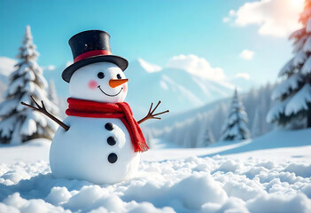 Obraz premium Panoramic view of happy snowman in winter secenery with copy space