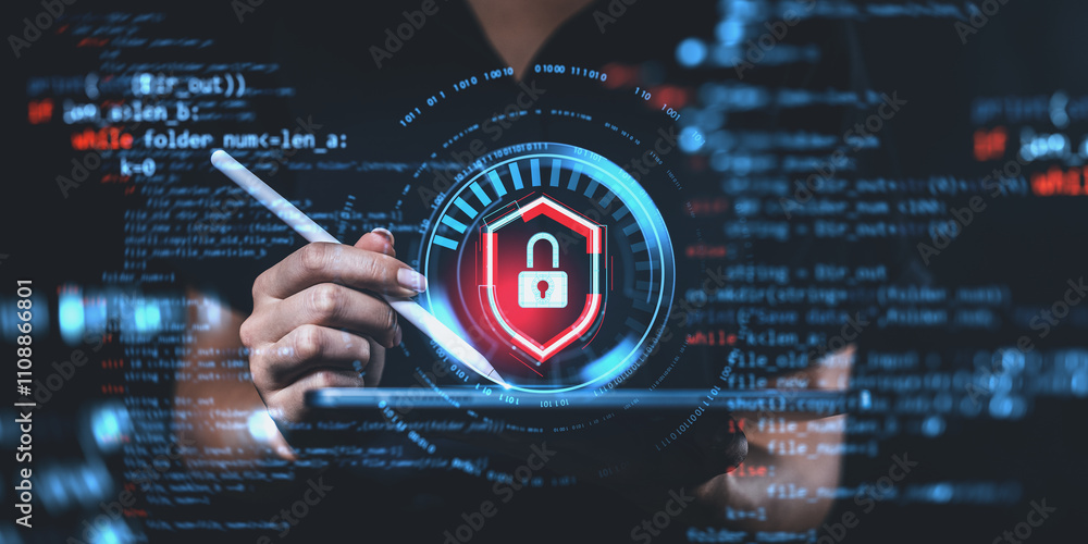 Aufkleber hand holding stylus with digital lock symbol in front of code on dark background.
