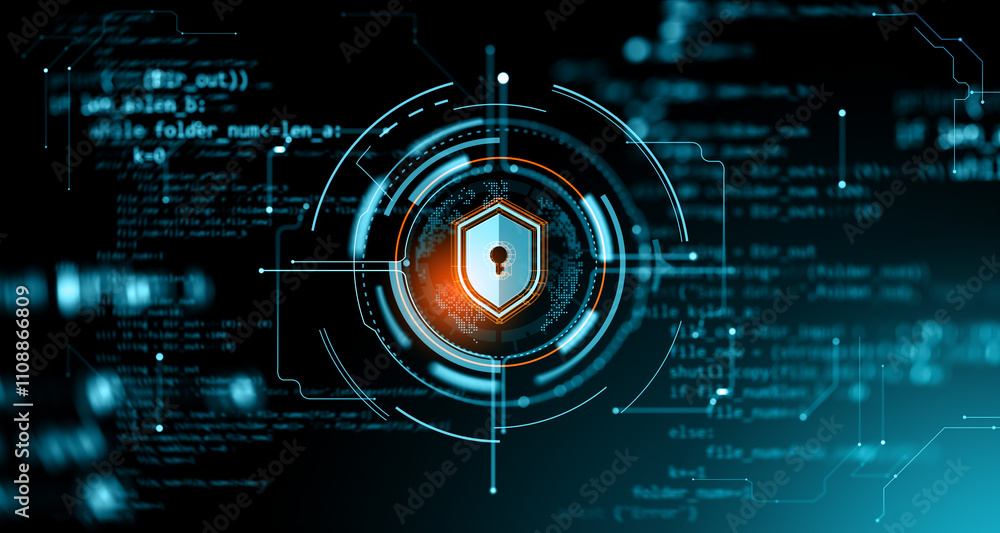Poster digital shield icon with keyhole at center surrounded by tech elements on dark background with code 