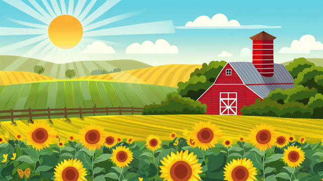 Vibrant Farming Concept with Beautiful Rural Scene painting. Food cultivation landscape paint barn sun suflower