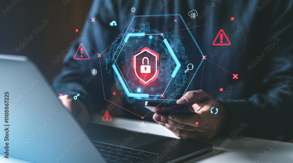 Poster digital security concept with glowing padlock hologram overlay on a laptop and smartphone in user ha