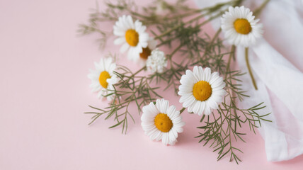 White daisies and small green leaves arranged on a delicate pink background. The flowers and leaves are arranged on a piece of white cloth. Background with space for text.