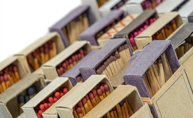 Naklejka premium Vintage old used matchboxes stacked