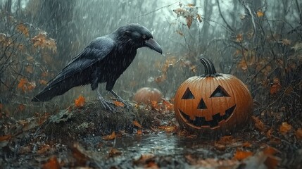 Fototapeta premium Rainy Halloween Raven Pumpkins Autumn Forest Scene