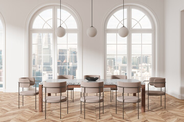 Minimalist dining room with a large table and chairs in front of arched windows with city skyline view. Bright natural lighting. 3D Rendering