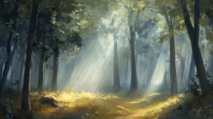 Obraz premium A thick, misty forest with sunlight streaming through the trees, illuminating the forest floor