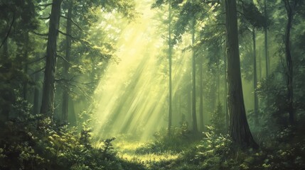 Obraz premium A thick, misty forest with sunlight streaming through the trees, illuminating the forest floor