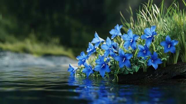 A group of wild blue cardinal flowers growing along a marshy riverbank