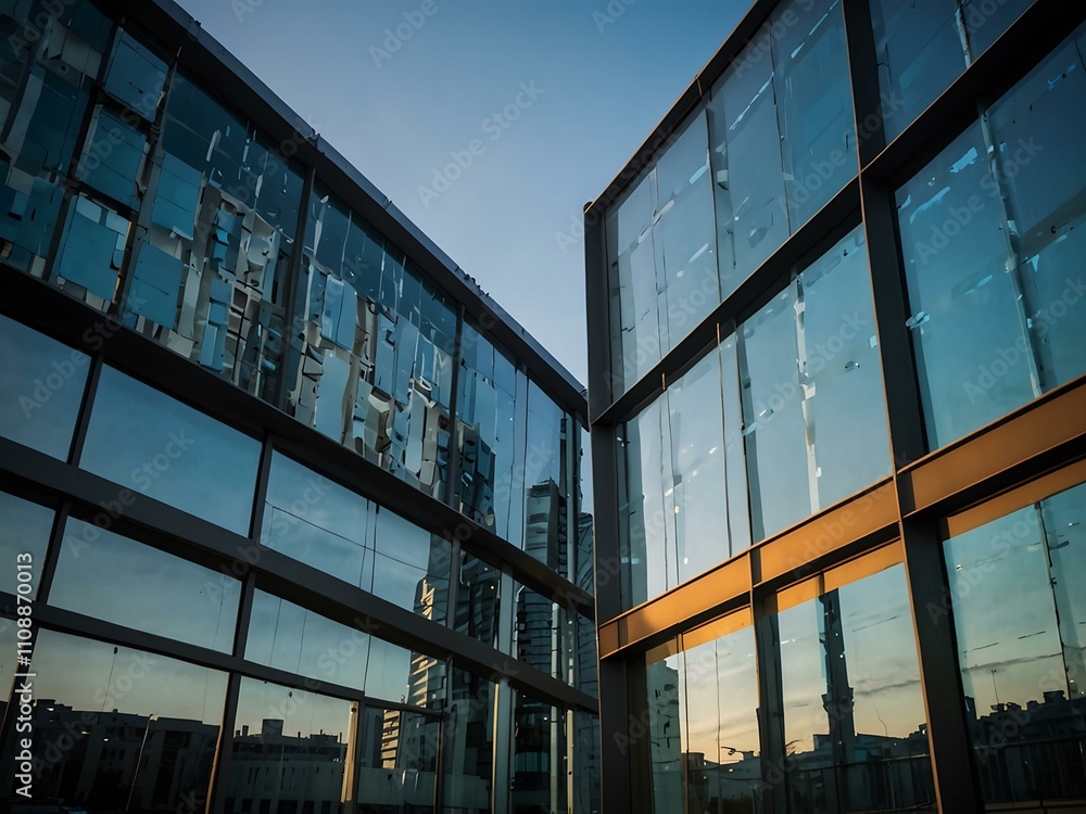 Poster smart building with automated temperature-regulating windows; clear sky in the background.