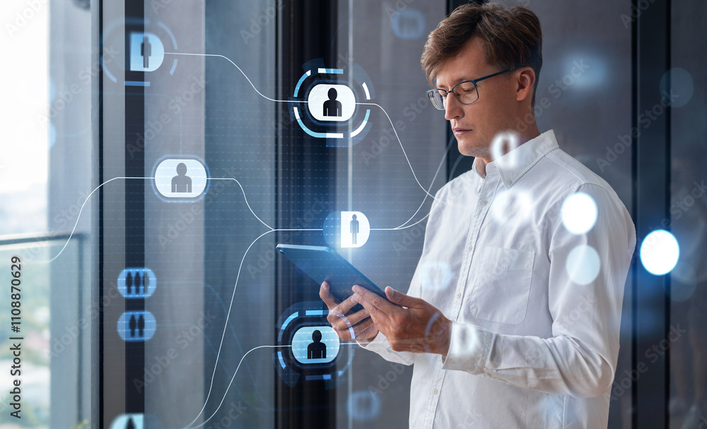 Poster man using tablet with digital icons of people and connections in
