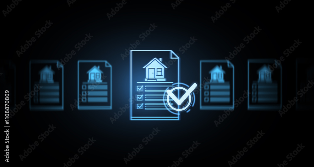 Poster glowing digital home insurance documents with a checkmark on a dark background. 3d rendering