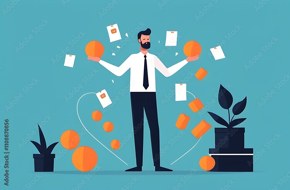 Poster a salesperson managing a high-stress environment with a calm, focused expression while juggling mult