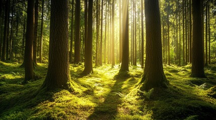 Obraz premium A serene forest background with tall trees and soft sunlight filtering through the leaves, natural and peaceful