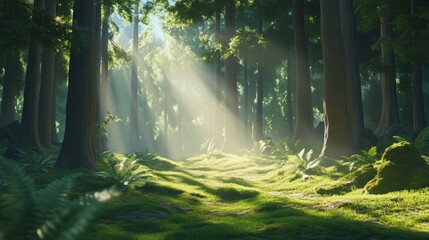 Obraz premium A serene forest background with tall trees and soft sunlight filtering through the leaves, natural and peaceful