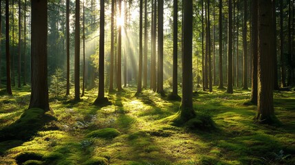 Obraz premium A serene forest background with tall trees and soft sunlight filtering through the leaves, natural and peaceful
