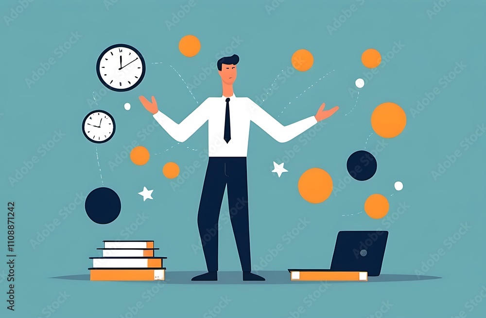Poster a salesperson managing a high-stress environment with a calm, focused expression while juggling mult